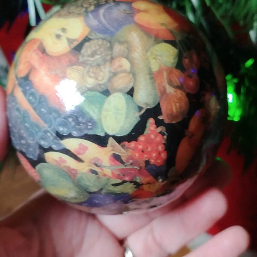 Ball Christmas Ornament with fruit print on it